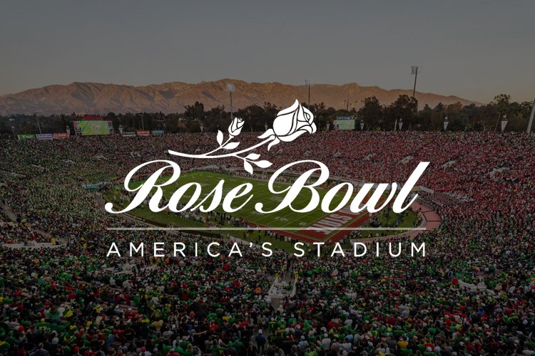 Crowd gathered at a stadium with a running track, mountains in the background, and a large logo overlay reading 'Rose Bowl America's Stadium' with a rose graphic.