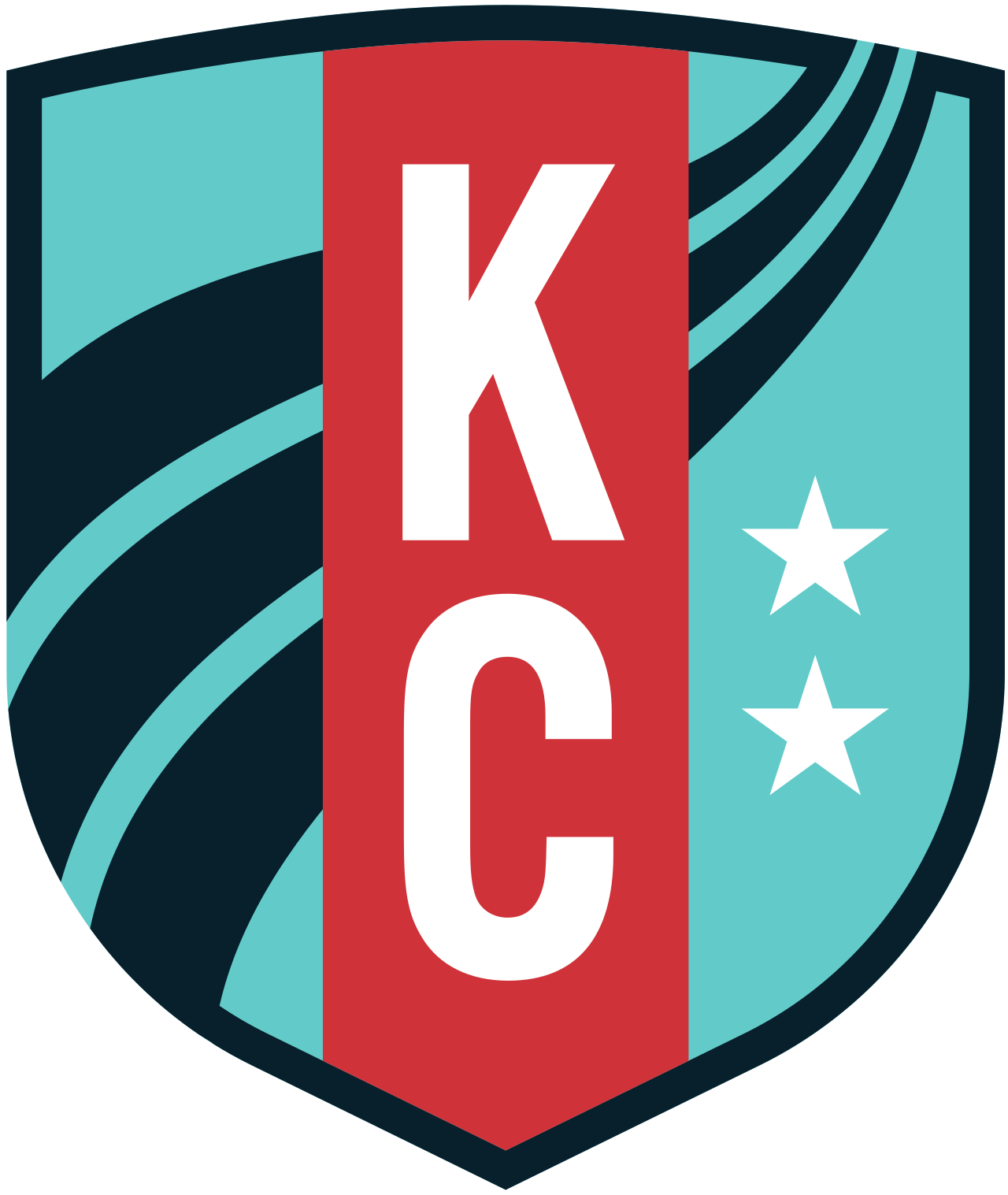 A shield-shaped badge with a black border, divided into sections with a red vertical stripe in the center. White bold letters spell out 'KOC' on the red stripe. The left side of the shield has wavy black and teal lines, and the right side is solid teal with two white stars stacked vertically.