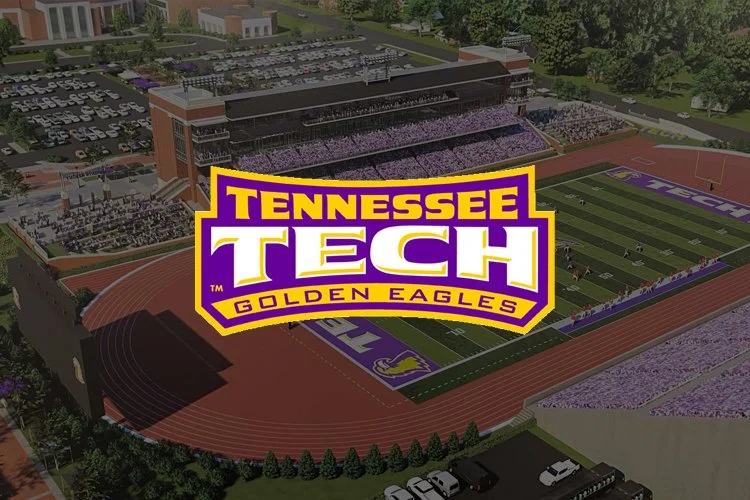 A digital rendering of Tennessee Tech University football stadium with the logo of Tennessee Tech Golden Eagles superimposed over it.