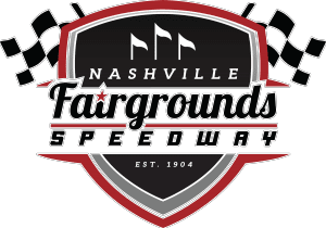 Logo for Nashville Fairgrounds Speedway, established in 1904, featuring checkered flags and a racing theme.