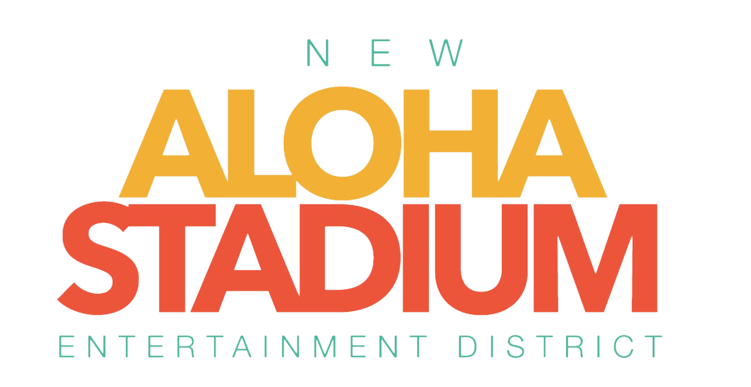 Colorful text graphic reading "Welcome to the New Aloha Stadium Entertainment District" with yellow, orange, and teal letters on a white background.