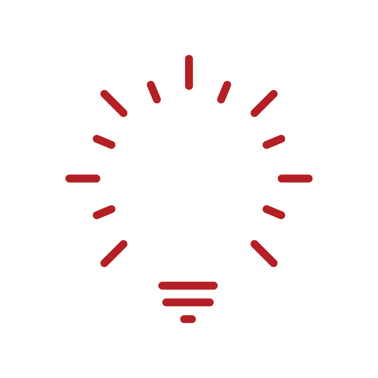 A minimalist icon of a light bulb with red rays emanating from it on a black background.