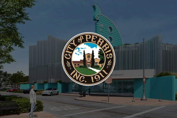 The City of Perris official seal overlaid on a modern building with a unique wave-like green roof, in Perris, California.