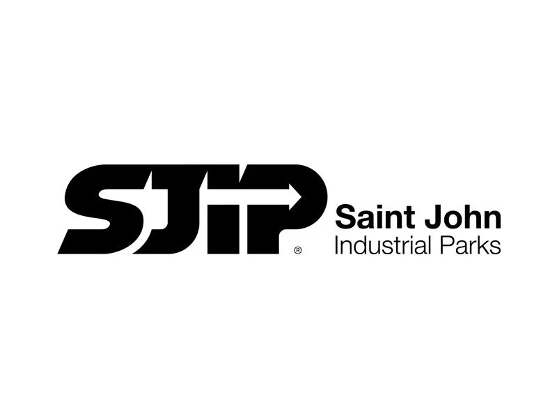 Logo for Saint John Industrial Parks with bold black letters 'S J P' and an arrow pointing right, alongside the text 'Saint John Industrial Parks'.