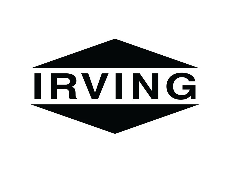 Black and white logo with a hexagon shape and the word "IRVING" inside.