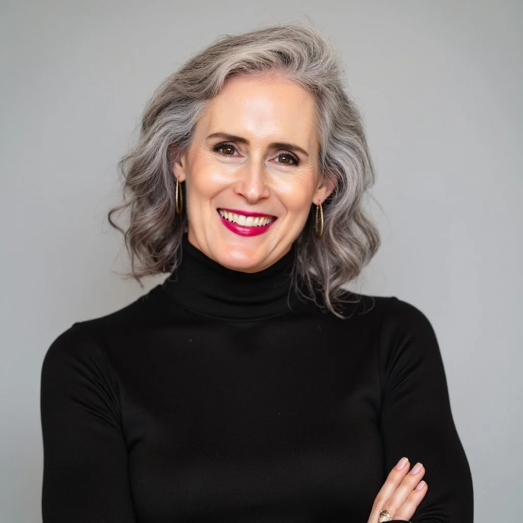 A woman with shoulder-length gray hair styled in loose waves, wearing a black turtleneck and gold hoop earrings, smiling against a light gray background.