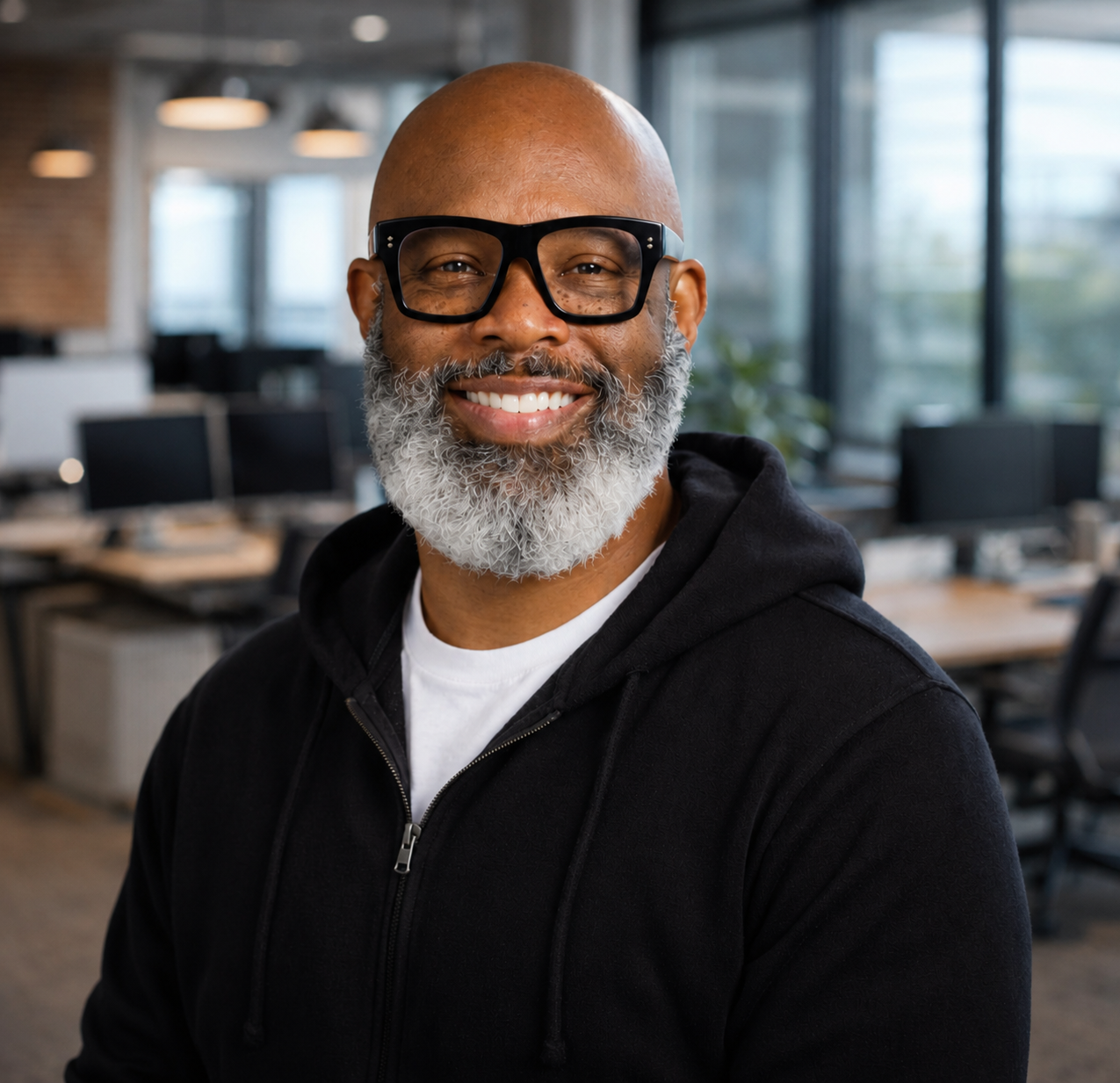 A smiling African American man with a gray beard and glasses in an office setting.