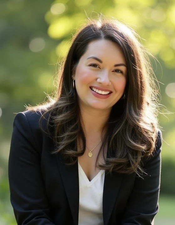 A woman with long dark hair smiling outdoors in natural light, wearing a black blazer and a white shirt, with a blurred green background.
