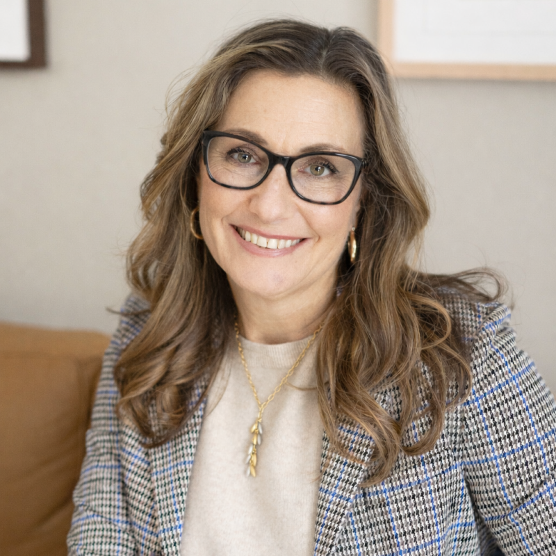 A woman with long wavy brown hair, wearing glasses, a light-colored top, and a checkered blazer, smiling while sitting indoors.