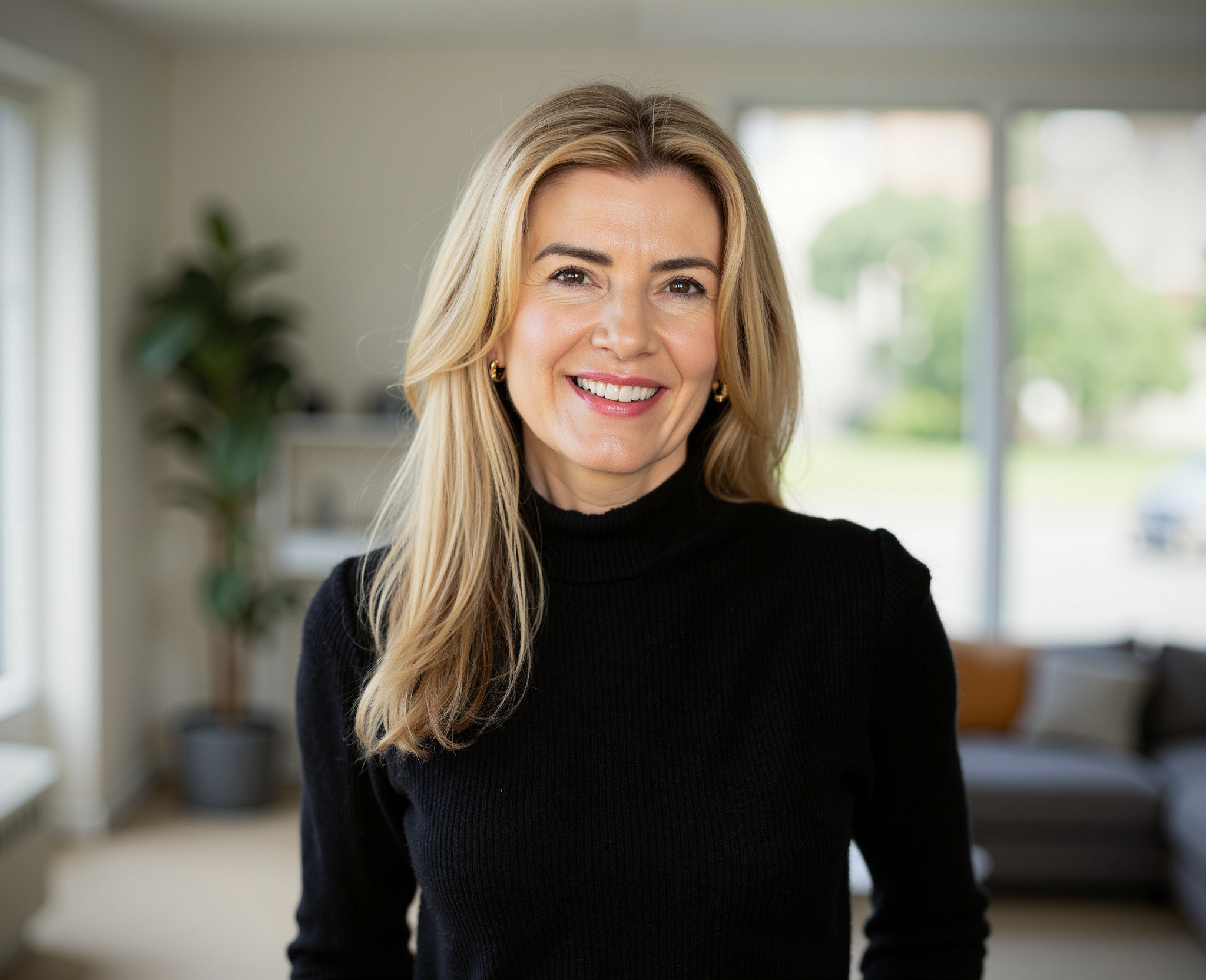 Close-up of a smiling woman with long blonde hair, wearing a black top, indoors with natural light coming through windows in the background.