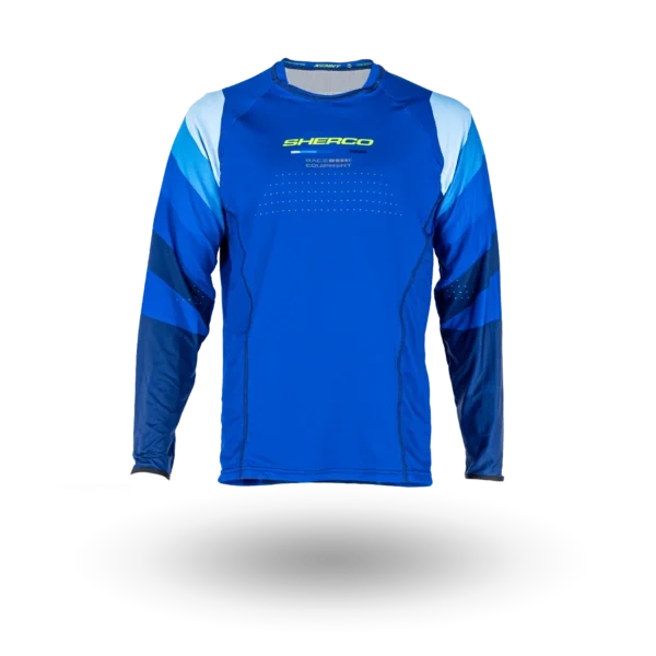 Blue and white long-sleeve sports jersey with 'SHERCO' logo on the chest.