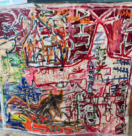Colorful abstract painting with various overlapping lines and shapes, including a black silhouette of a dog in the bottom left corner.