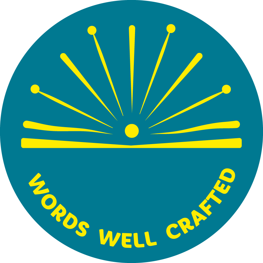 Words Well Crafted badge featuring an abstract book design.