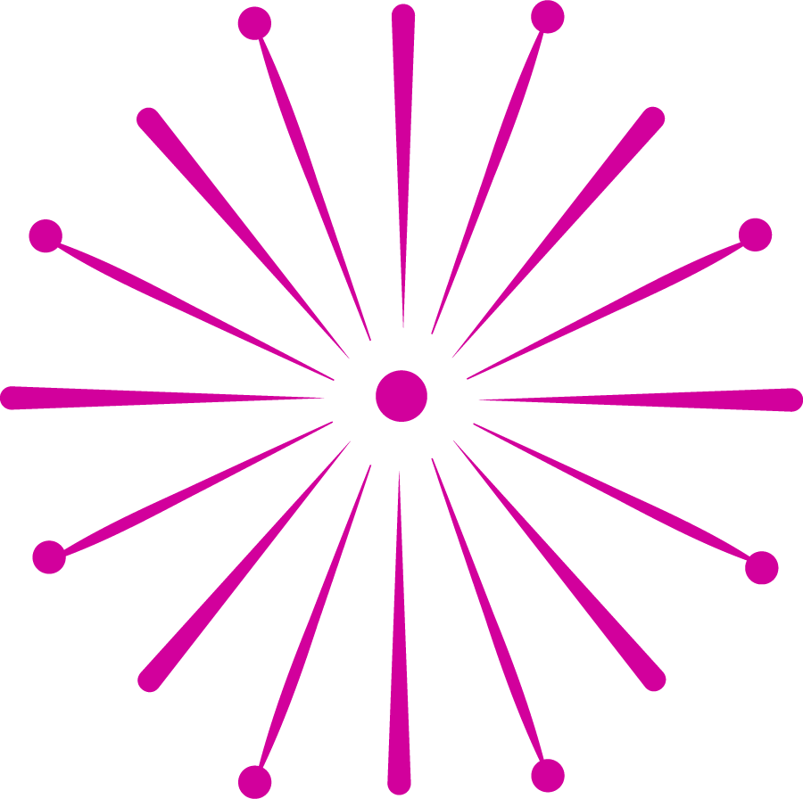 Bright pink sunburst graphic with central dot and radiating lines.