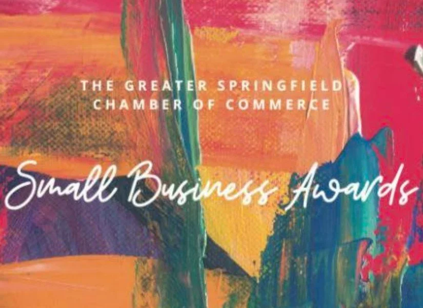 Abstract colorful painting background with text: 'The Greater Springfield Chamber of Commerce Small Business Awards'.