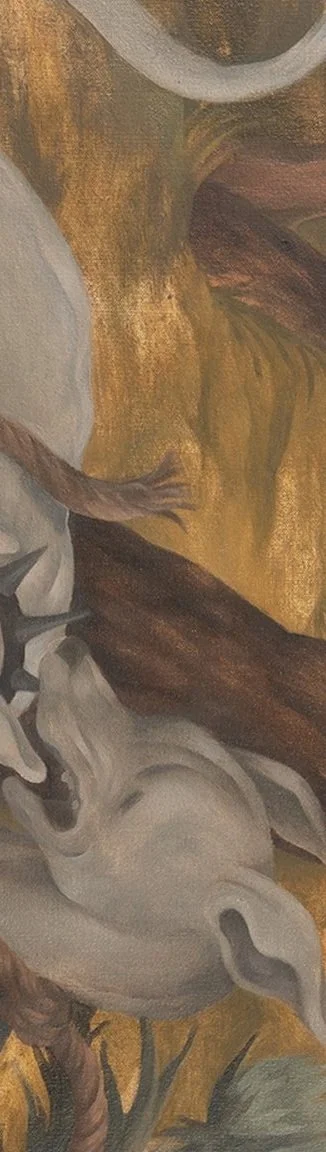 Close-up of a distorted abstract painting with swirling shapes and earthy tones.