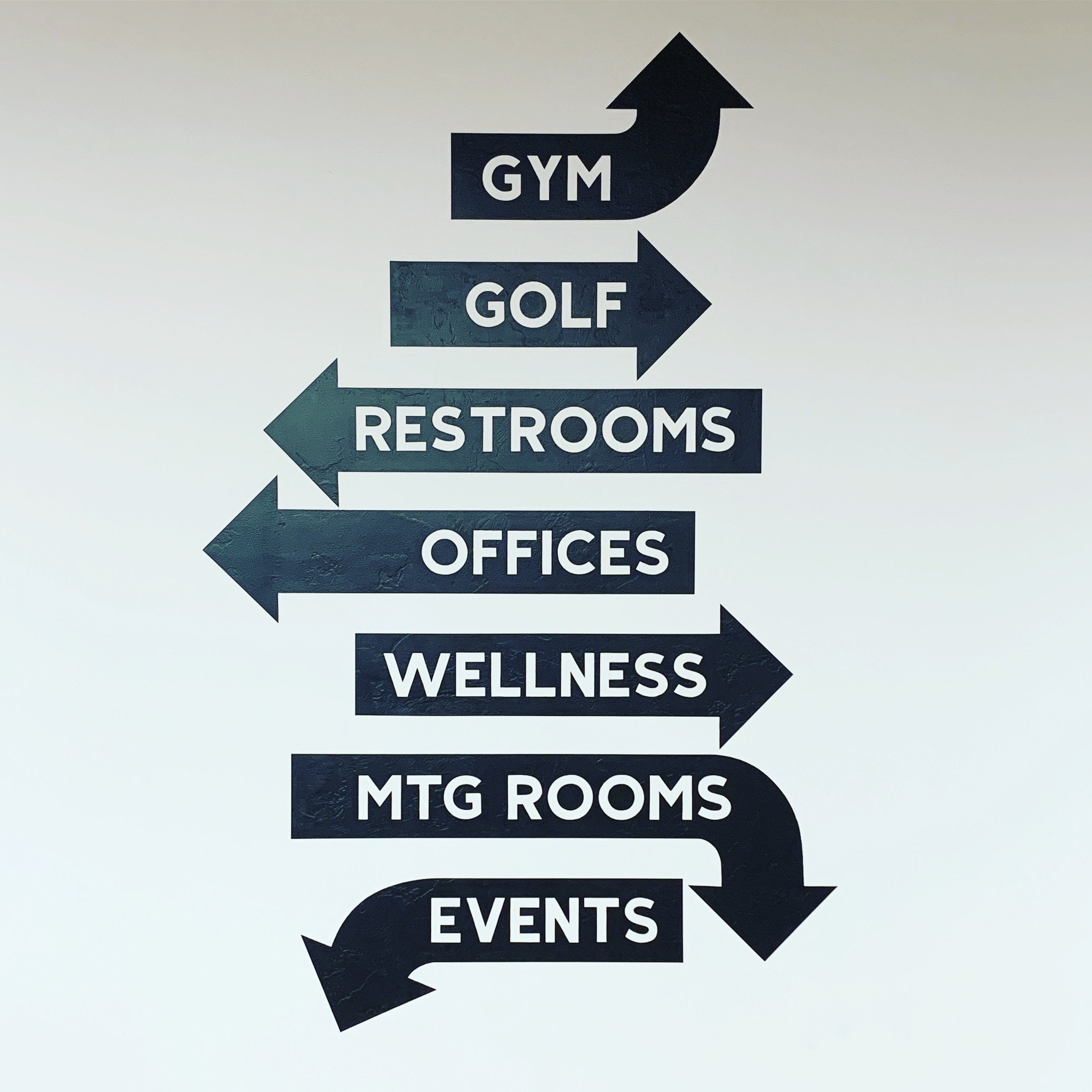 Signpost with multiple directional arrows pointing to various facilities and areas including gym, golf, restrooms, offices, wellness, MTG rooms, and events.