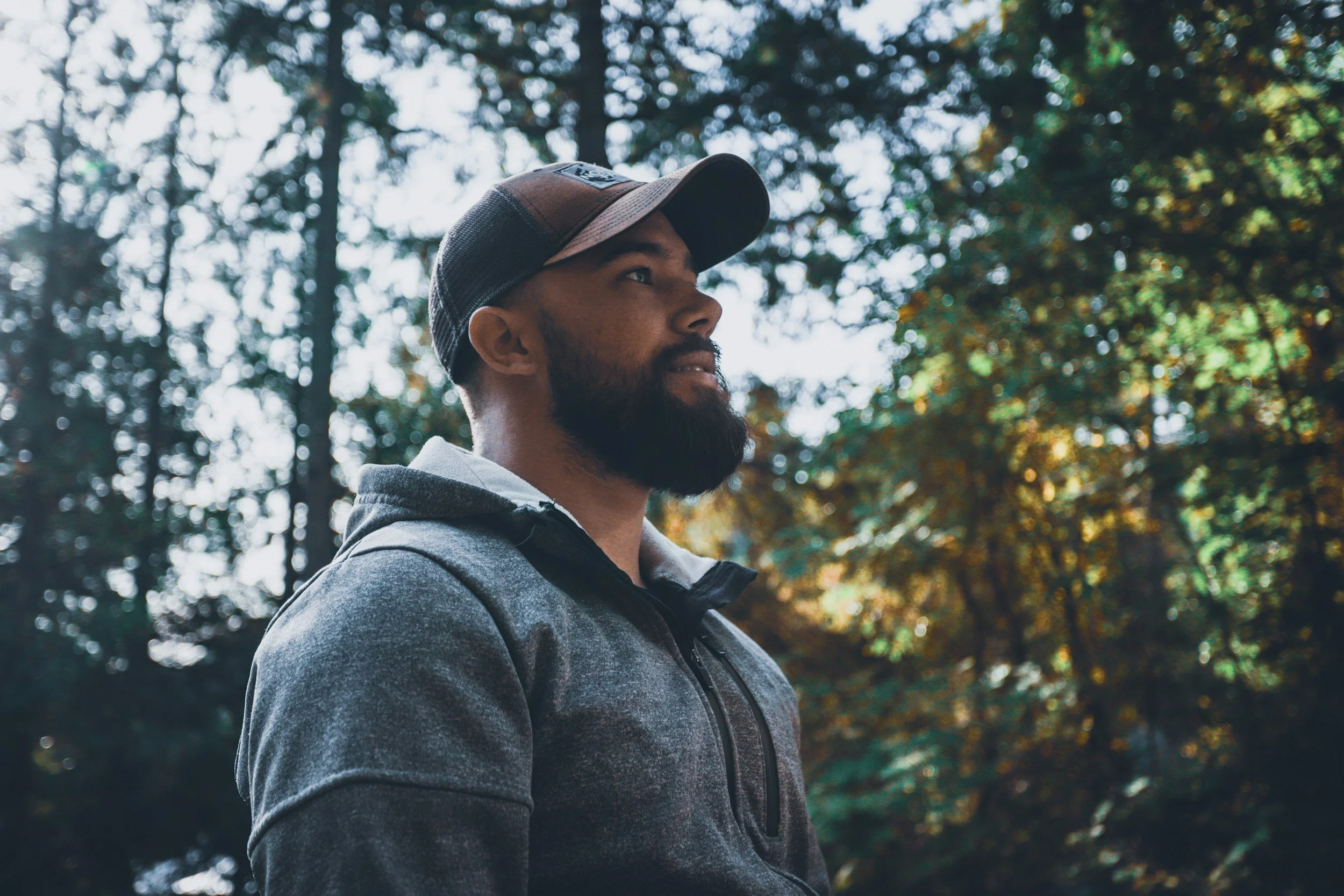 A man with a beard wearing a gray hoodie and a cap looking off into the distance in a forested area with sunlight filtering through the trees.