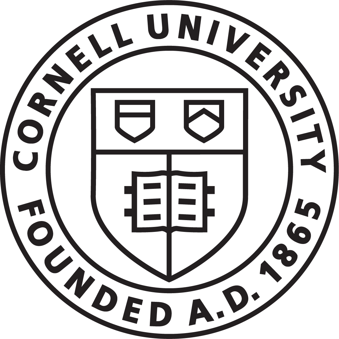 The emblem of Cornell University featuring a shield with two books and two shields, surrounded by the university's name and founding year, 1865.