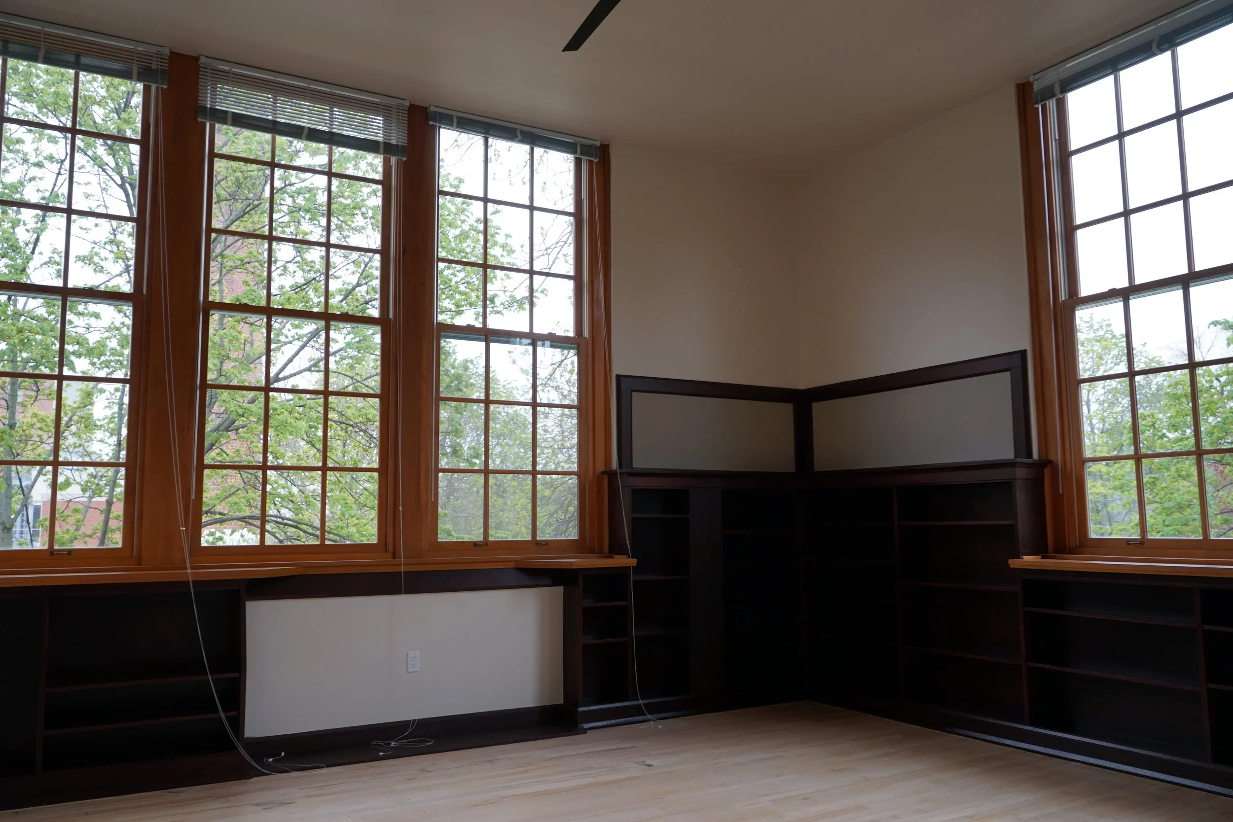Interior of a room with large windows showing green trees outside. The room has dark wood built-in shelves and a fireplace. Some cords hang from the ceiling and a power outlet is visible on the wall.