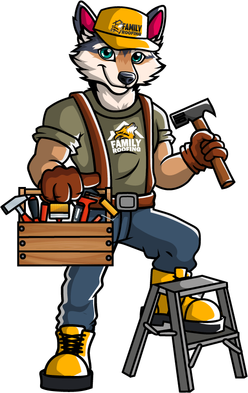 Cartoon of a humanoid fox wearing a yellow hard hat and green shirt with a logo for "Family Roofing," holding a hammer, with tools in a wooden box, standing on a step ladder.