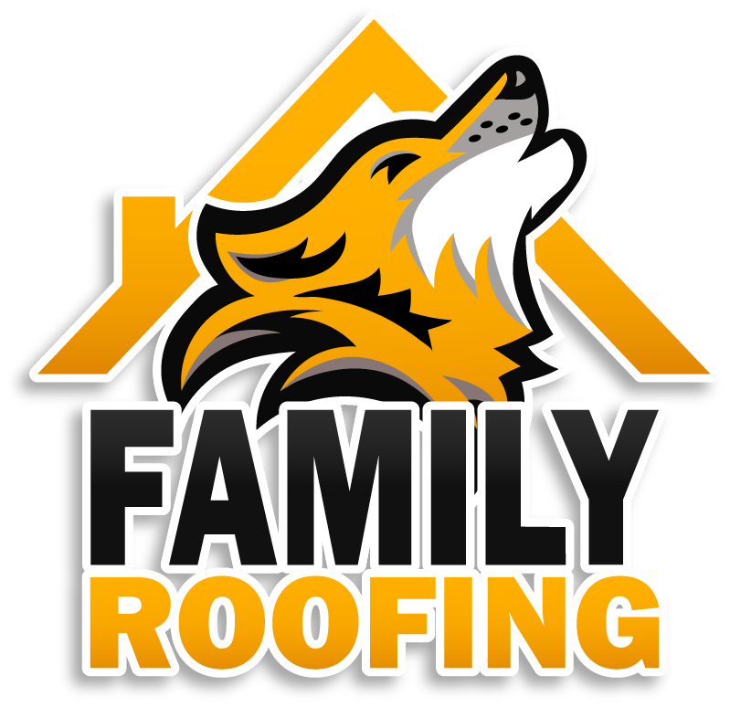Logo for Family Roofing featuring a stylized wolf howling inside a mountain outline, with the words "FAMILY ROOFING" beneath it.