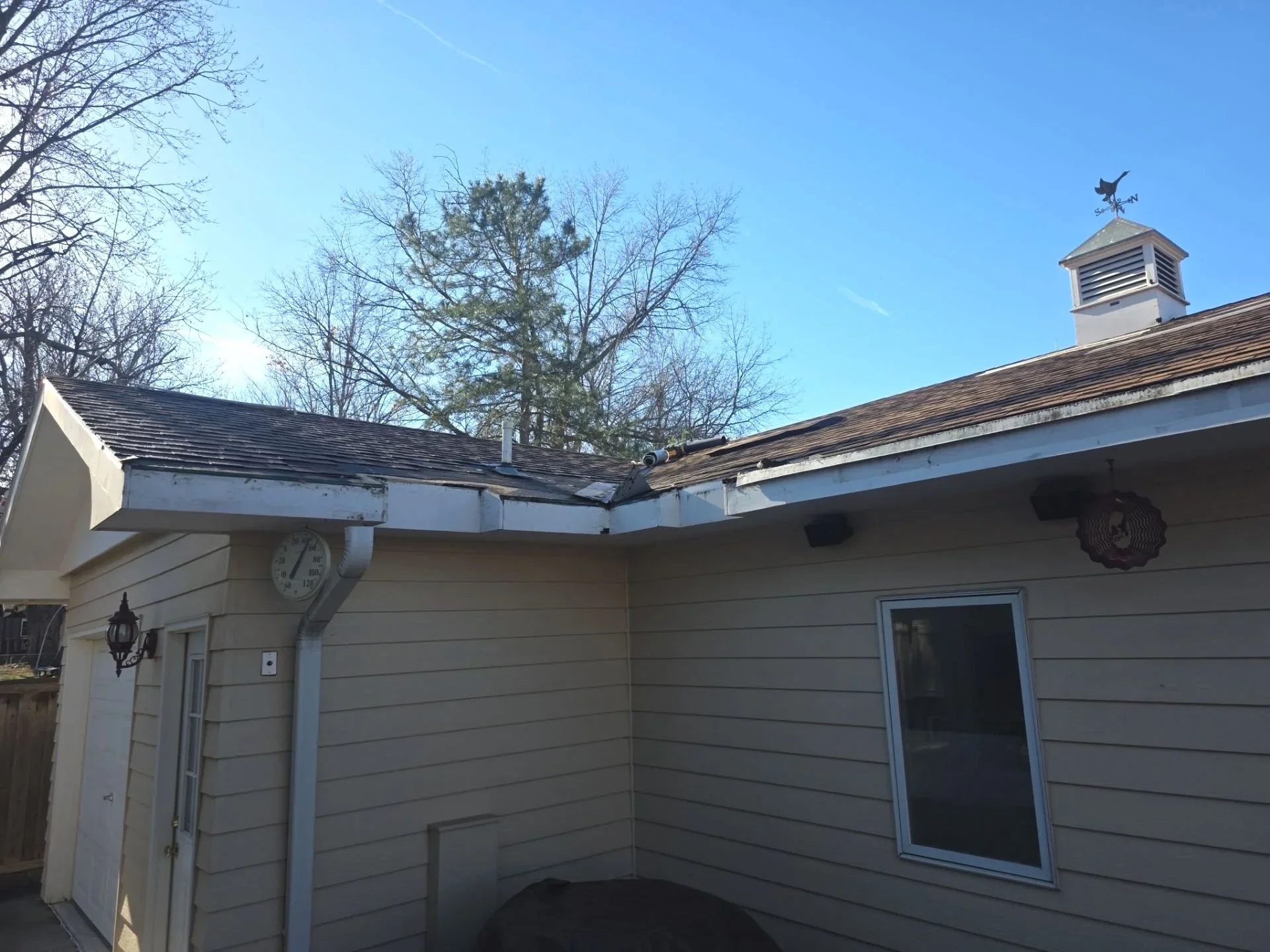 Backyard with a beige house, white gutters, a door, a window, a chimney with a weather vane, and leafless trees in the background under a blue sky.