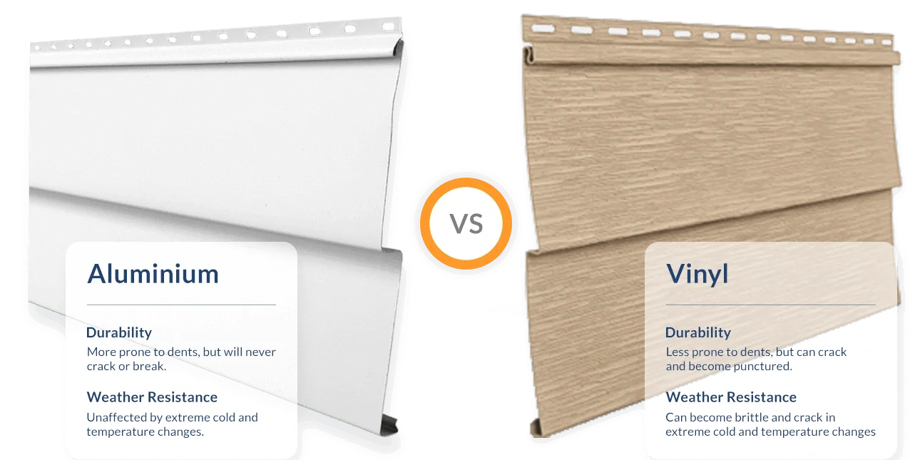 Comparison of two siding materials showing aluminum on the left and vinyl on the right, with descriptions of durability and weather resistance.