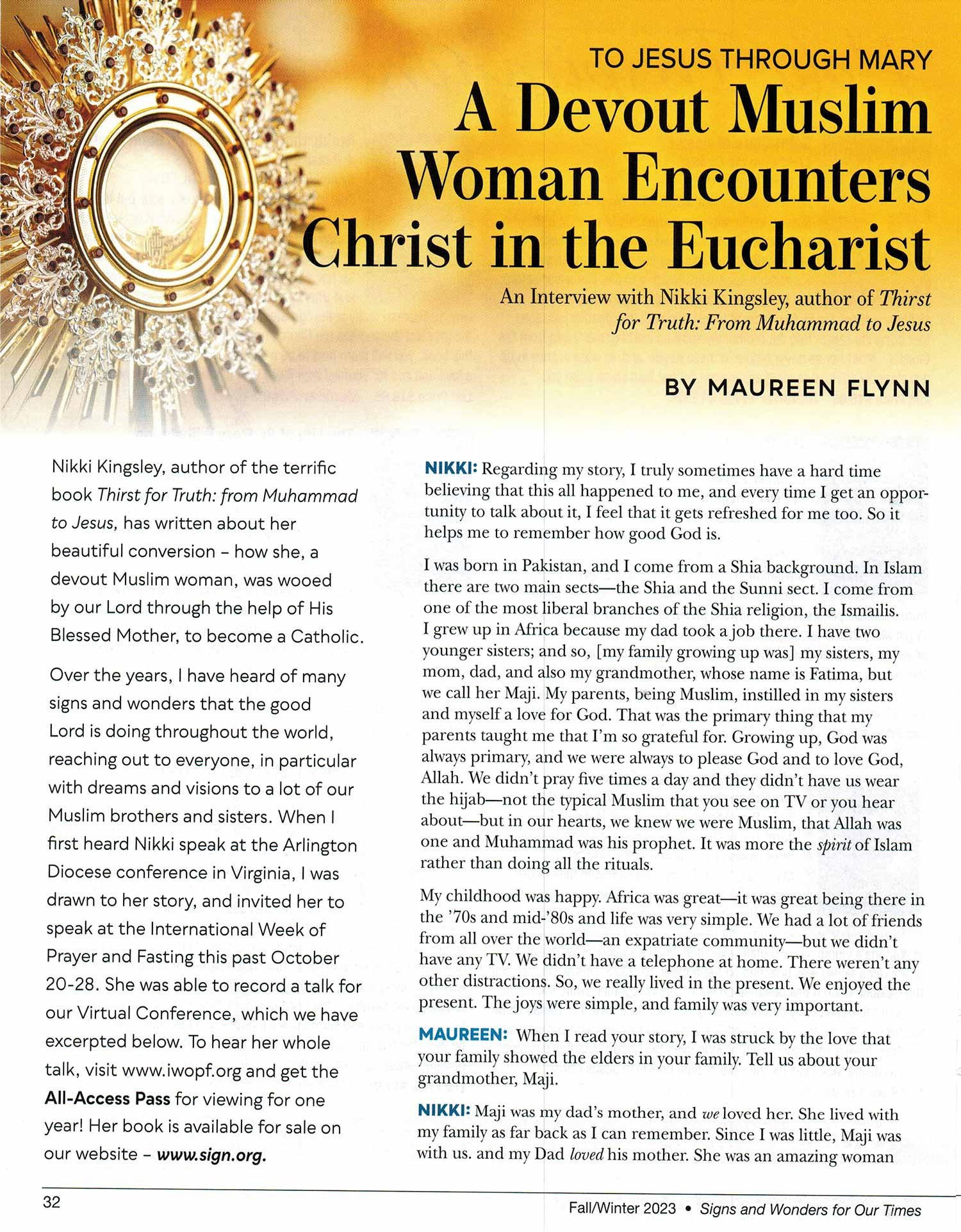 Signs and Wonders for Our Times Magazine | Devout Muslim Woman Encounters Christ in the Eucharist