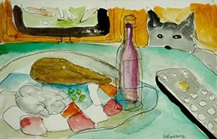Dinner with Dog 2003  Watercolour on paper, 9x11 inches