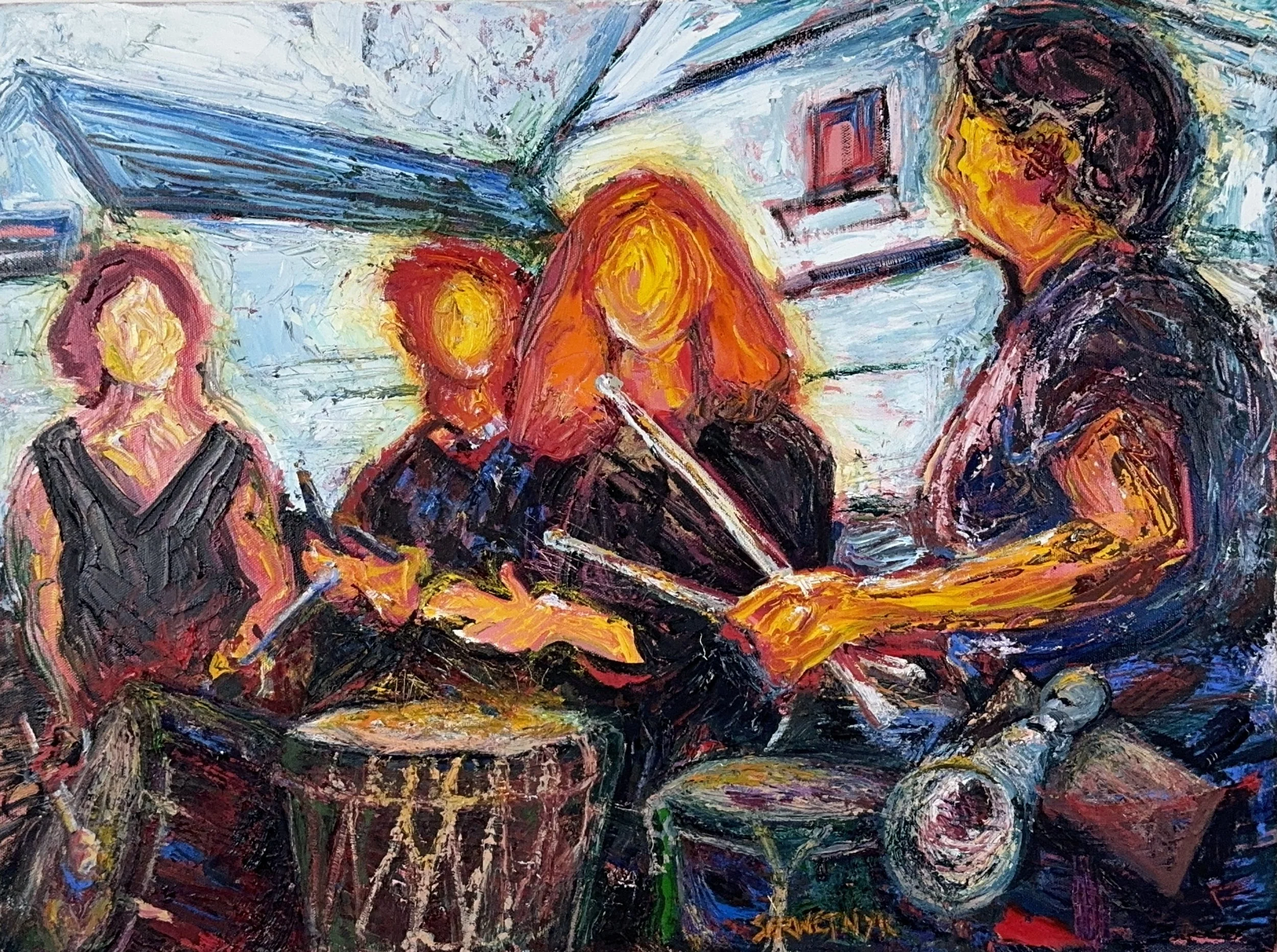 PTown Drummers  Oil on canvas, 17x20 inches