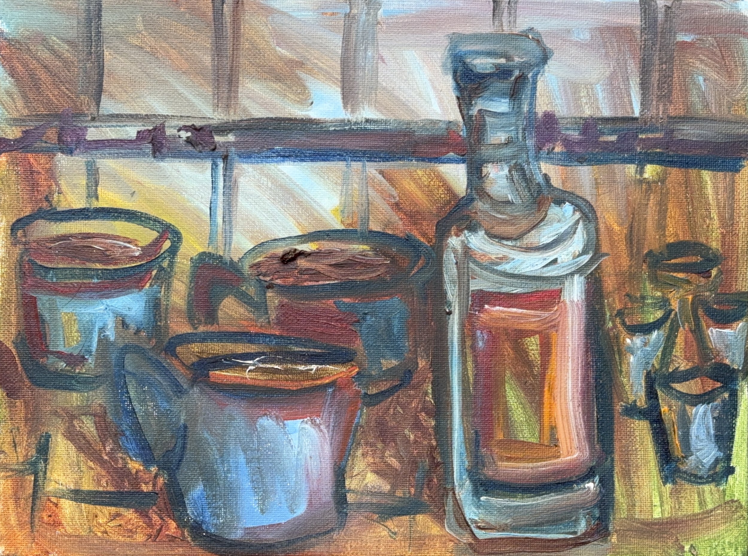 Bottle & Cups  Oil on canvas, 12x16 inches