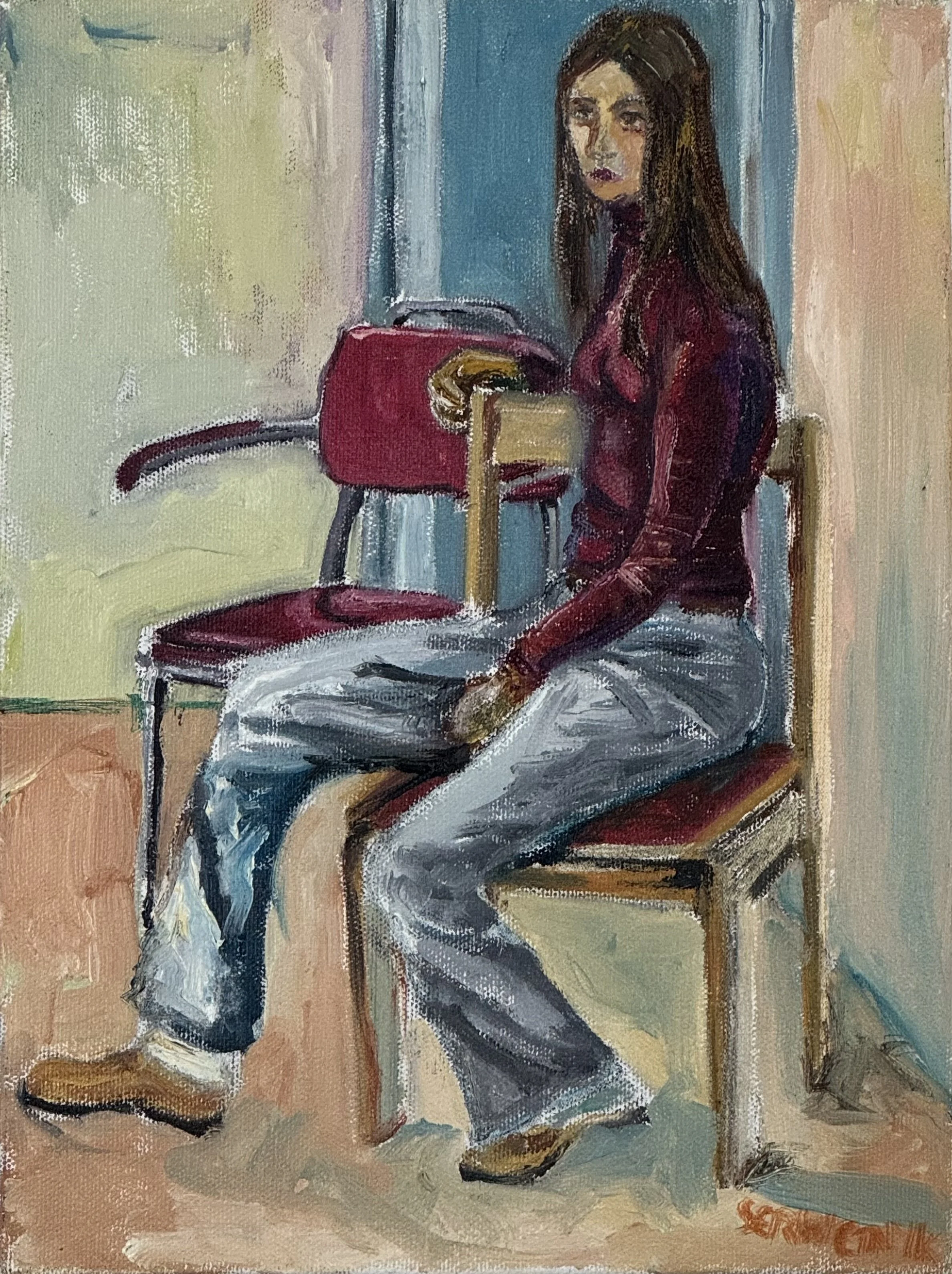 Seated Girl Maroon Shirt 1997  Oil on canvas, 18x14 inches