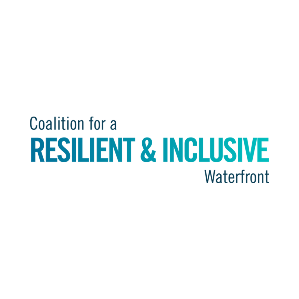Text reading 'Coalition for a Resilient & Inclusive Waterfront' on a white background.