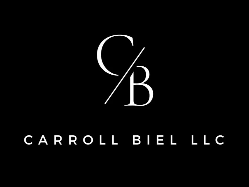 Logo for Carroll Biel LLC featuring stylized initials C and B separated by a slash on a black background.