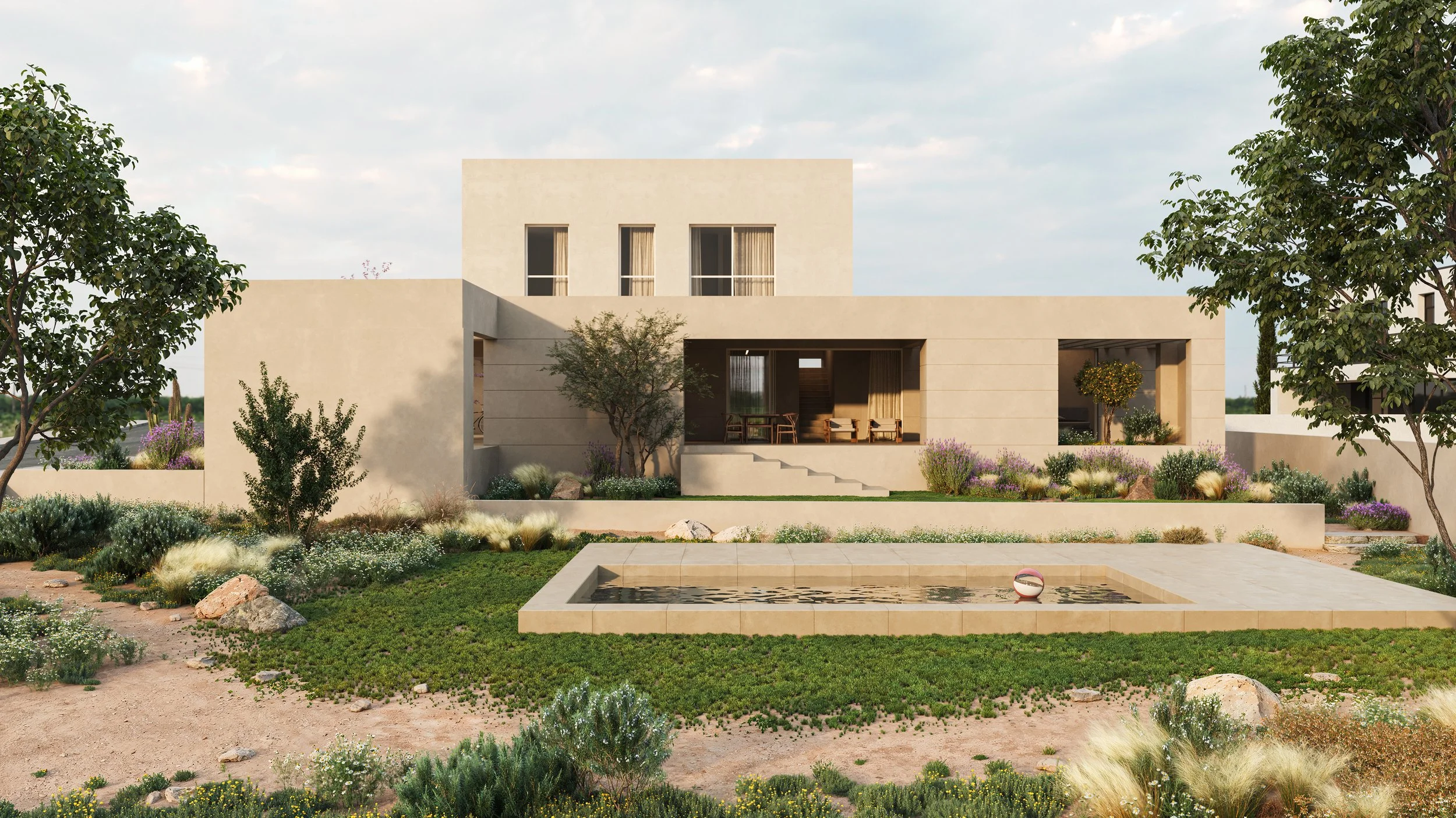 Rear exterior view of Villa Baa showcasing clean architectural lines, landscaped garden, and outdoor pool integrated into the residential design.