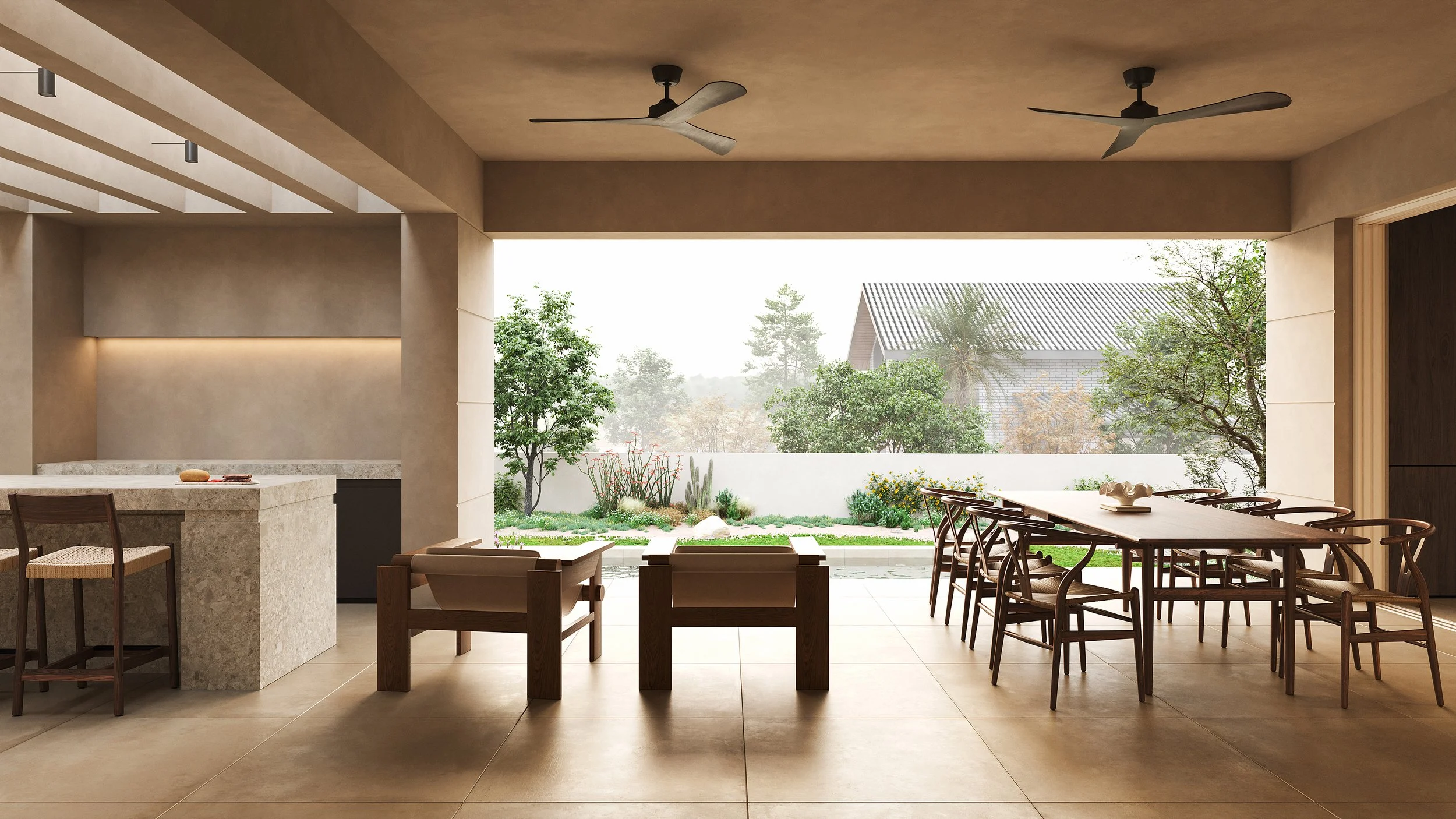 Covered outdoor living area with dining and lounge space, designed for seamless indoor-outdoor living in a modern Mediterranean villa.