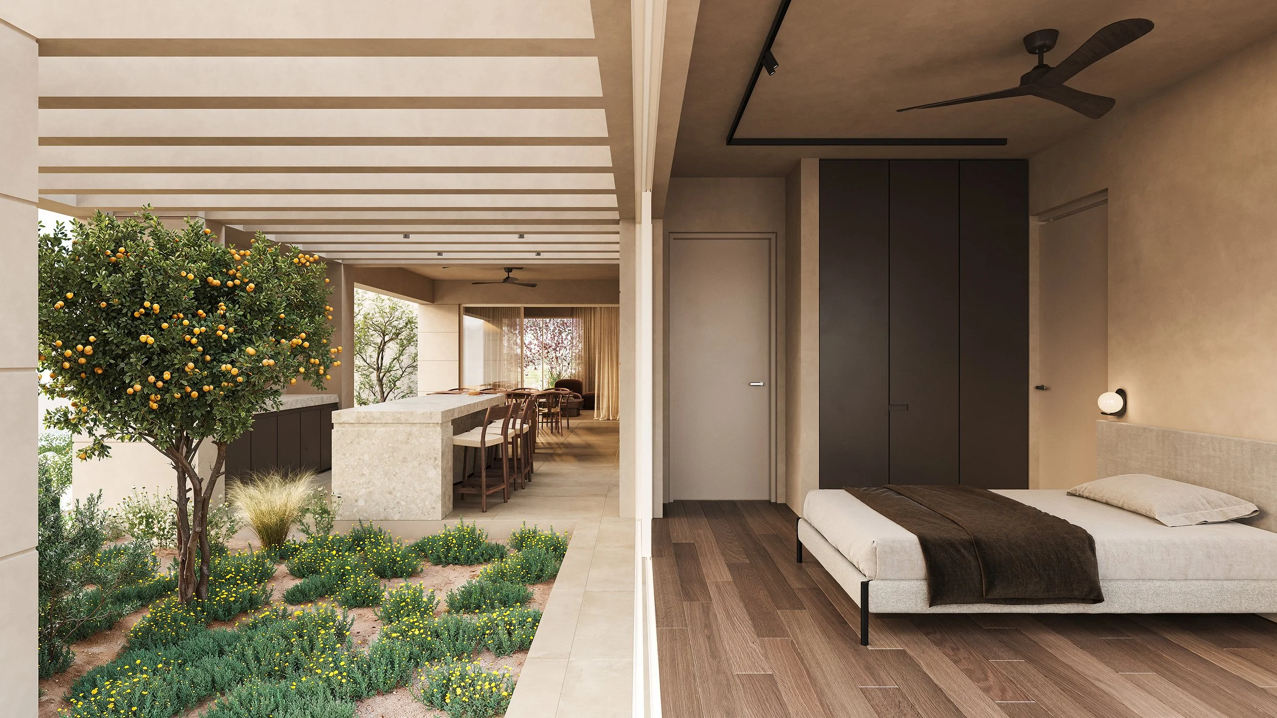 Interior perspective showing indoor-outdoor transition with garden views, natural textures, and contemporary architectural detailing.