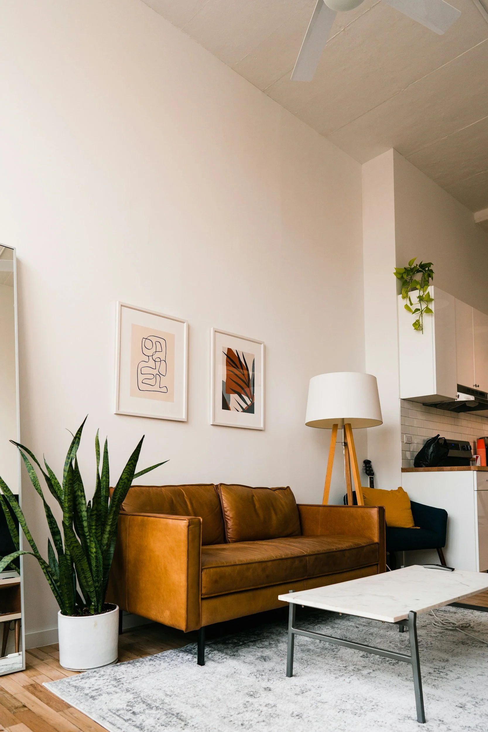 Living room with a brown leather sofa, potted snake plant, artwork on the wall, a white floor lamp, and part of a kitchen area with hanging greenery.