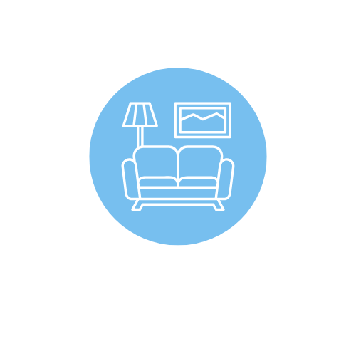 Icon of a living room with a sofa, floor lamp, and framed picture hanging on the wall.