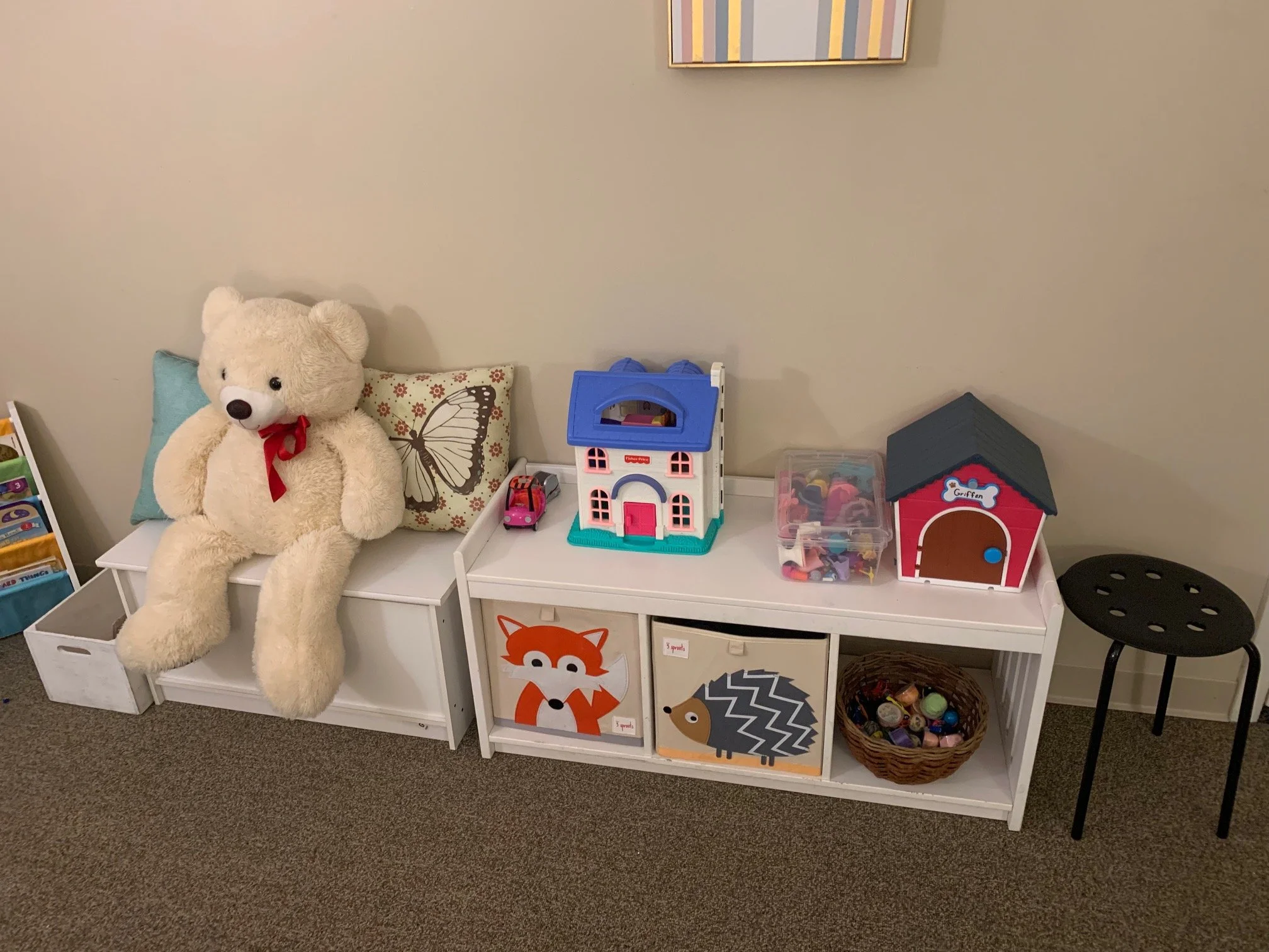 The large bear, "Lucy," is ready to give your anxious kiddo a hug.