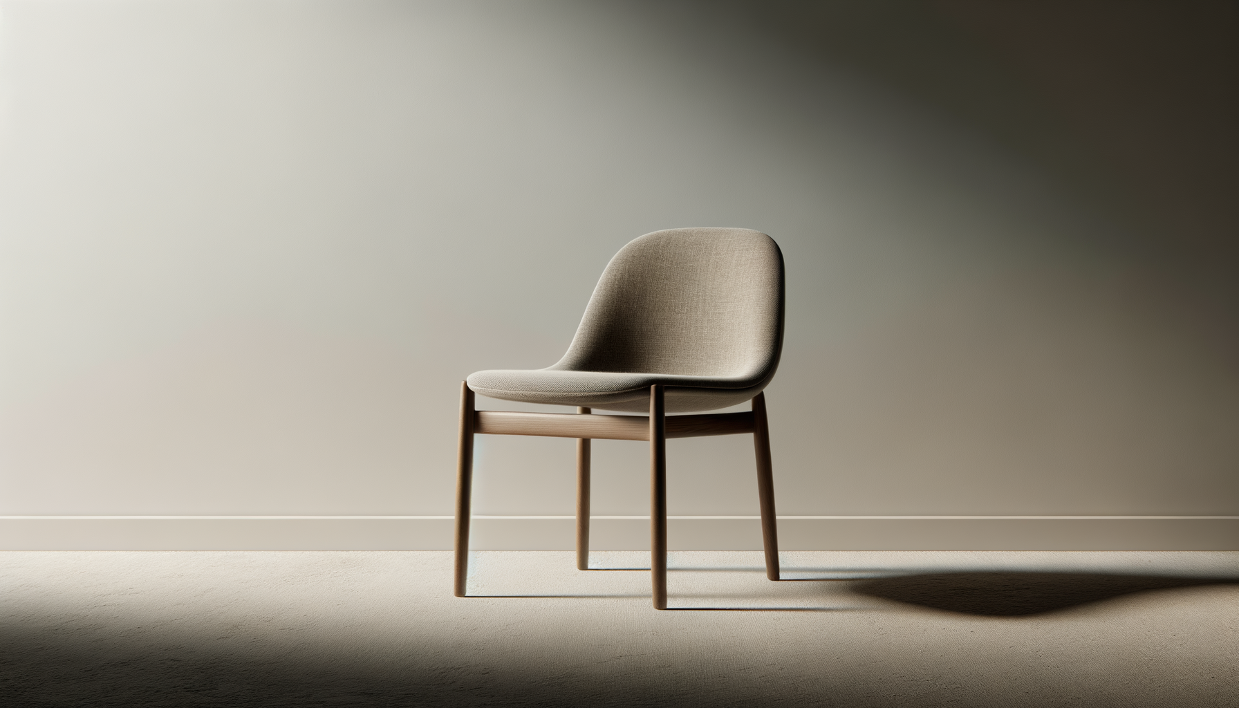 A modern beige upholstered chair with wooden legs, placed on a light-colored carpet against a plain wall with soft lighting creating a shadow on the right side.