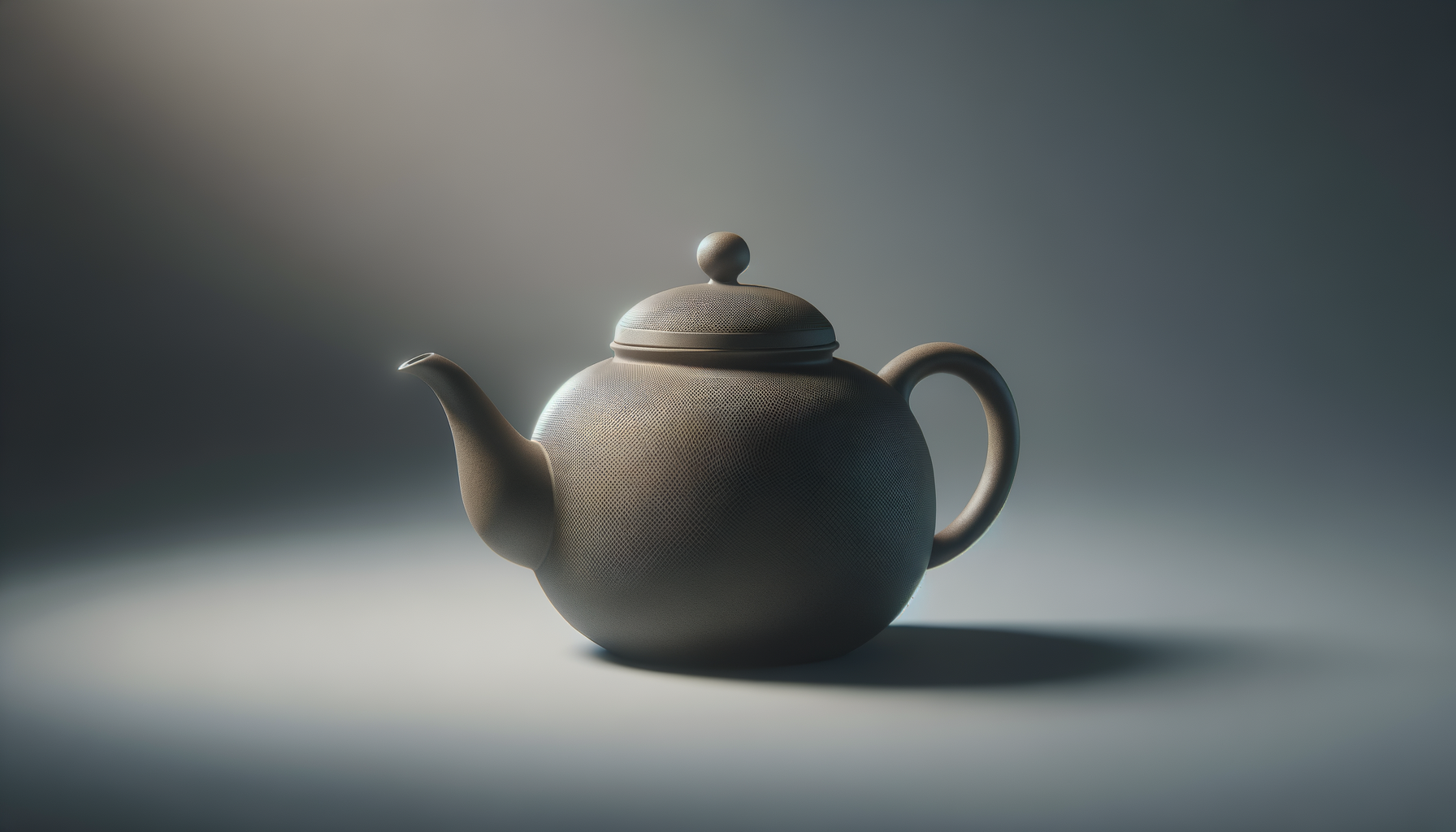 A gray teapot with a textured surface, round body, curved handle, spout, and a small round lid with a knob, placed on a surface with soft lighting and shadow.