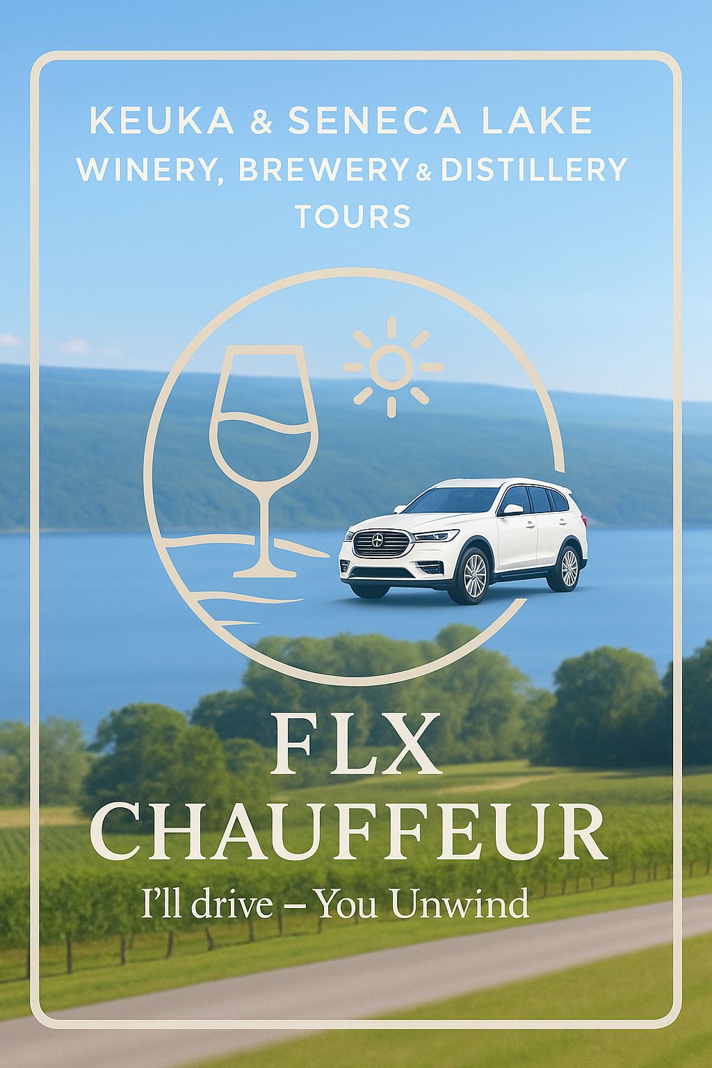 Sign advertising Keuka and Seneca Lake winery, brewery, and distillery tours with an illustration of a wine glass and sun, a white SUV parked against a lake and green landscape background.