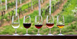 Five wine glasses filled with different types of wine, set outdoors against a vineyard background.