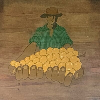 Painting of a man wearing a hat and striped green shirt, holding a large basket filled with yellow grapes, set against a wooden background.