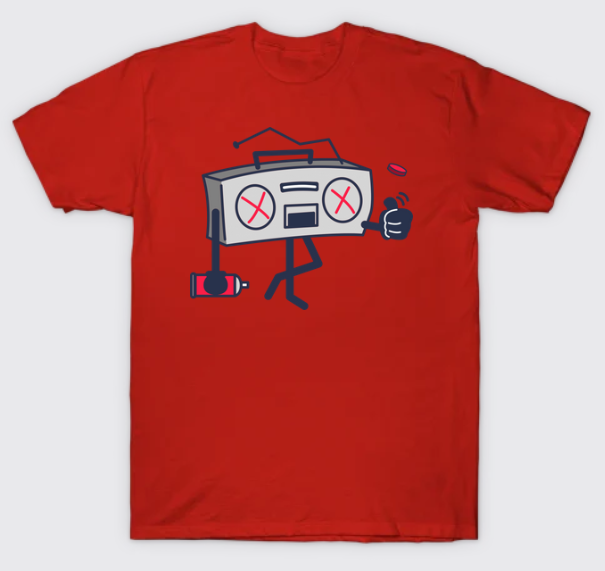 Red T-shirt with a cartoon boombox character giving a thumbs up and wearing sunglasses, holding a coin, with a camera hanging from the side.