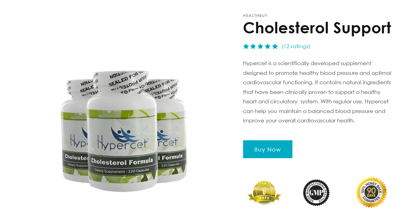 Three bottles of Hypercet Cholesterol Formula dietary supplement capsules with seal labels, along with product information and badges indicating gluten-free, GMP certified, and money-back guarantee.