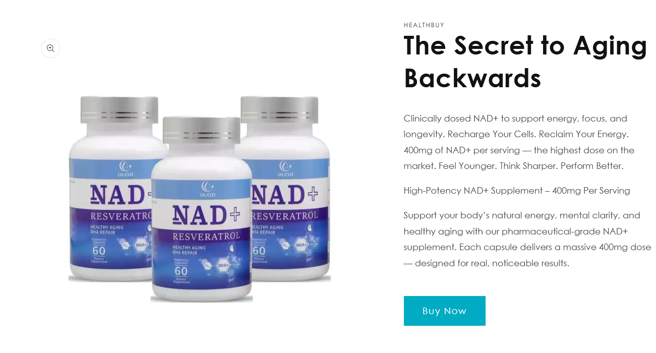 Three bottles of NAD+ supplement labeled RESVERATROL on a product webpage with text about anti-aging health benefits and a blue Buy Now button.