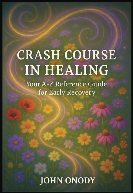 Book cover titled 'Crash Course in Healing: Your A-Z Reference Guide for Early Recovery' by John Onody, with a background of colorful flowers and swirling golden lines.